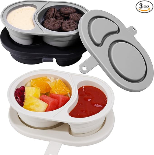 NiHome 3-Pack Reusable Dual-Compartment Silicone Snack Containers with Lids, Safe for Baby Food, Leak-Proof & Easy-Clean for Dips, Sauces, Travel, Microwave & Dishwasher Safe (Cream, Gray, Black)