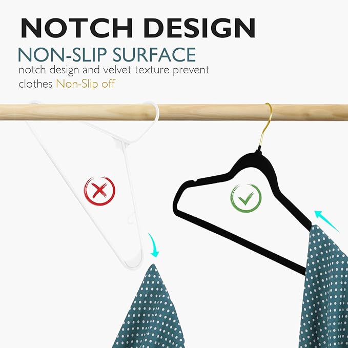 ManGotree Velvet Coat Hangers with 360° Swivel Gold Hook, Non-Slip Felt Suit Hangers, Slim Space Saving Clothes Hanger for Jacket, Sweater, Shirt, Dress, Pants (48 Pack, Black)