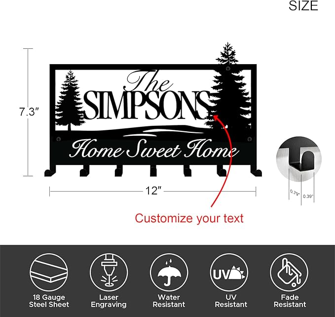 NIWAHO Personalized Family Name Metal Wall Sign with Hooks – Tree Key Rack Holder Wall Mount Customized Name for Entryway, Mudroom, Kitchen, or Cabin Decor