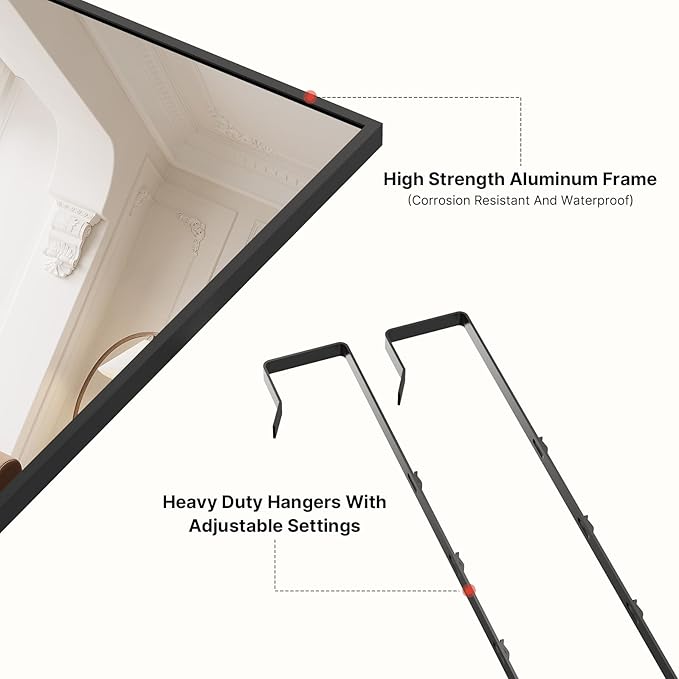 Kosmonia 48x14 Inch Full Length Tempered Glass Door Mirror - Over The Door Hanging, No Drill Installation, Suitable for Bedroom & Closet, Sturdy Hanging Design