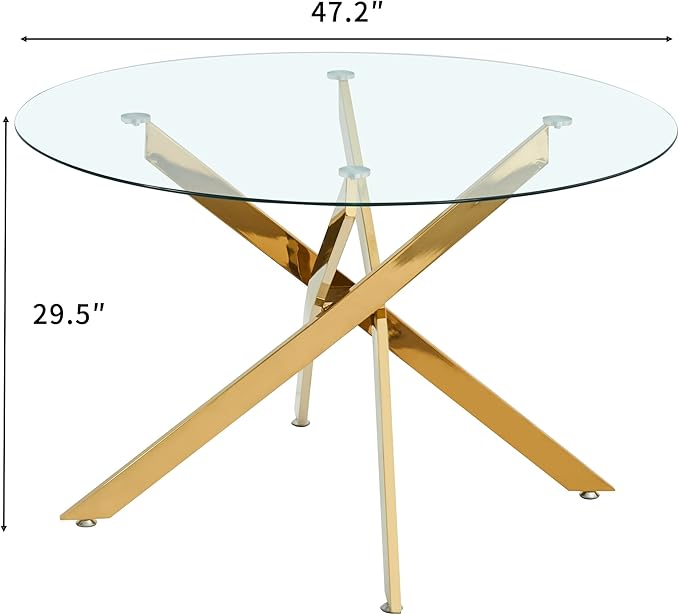47.24" Round Glass Dining Room Table for 6 with Tempered Glass Top and Gold Chrome Metal Legs, Modern Clear Kitchen and Dinner Table for Home Office Dining Room