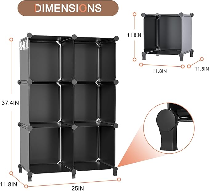 Neprock Closet Organizer, 6 Cube Closet Organizers and Storage, Portable Closet Storage Shelves, Clothes Storage Organizer Bookcases for Kids, Closet, Bedroom, Bathroom,Office（Black）