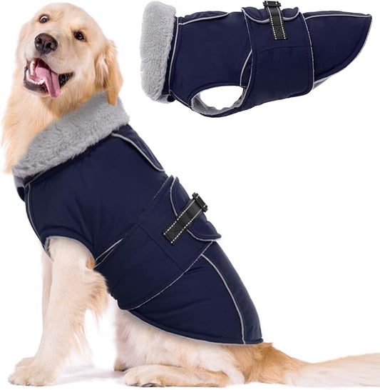 Lelepet Warm Dog Coat Reflective Fleece Vest Waterproof Dog Jacket with Adjustable Buckle Hook & Loop Windproof Cold Weather Coats for Small Medium Large Dogs, Navy Blue, XL