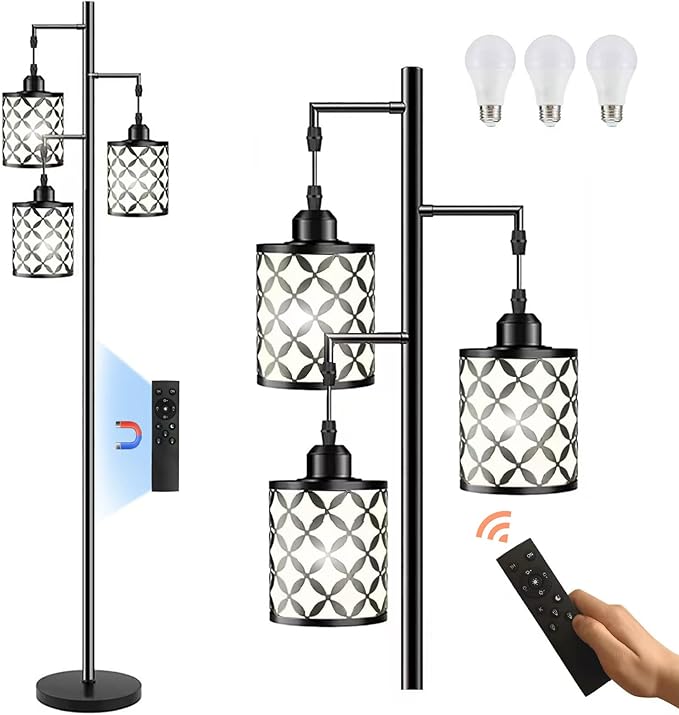 New Upgraded 72" Tall Dimmable Floor Lamp, 3 x 800LM 9W LED Bulbs Included, Farmhouse Standing Lamp with Remote Control, Industrial Tree Pole Floor Lamps for Living Room, Bedroom, Study Room - Black