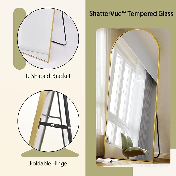 BEAUTYPEAK 71"x30" Arch Full Body Floor Mirror, Full Length Mirror Wall Mirrors Hanging or Leaning Arched-Top with Stand for Bedroom, Dressing Room, Gold