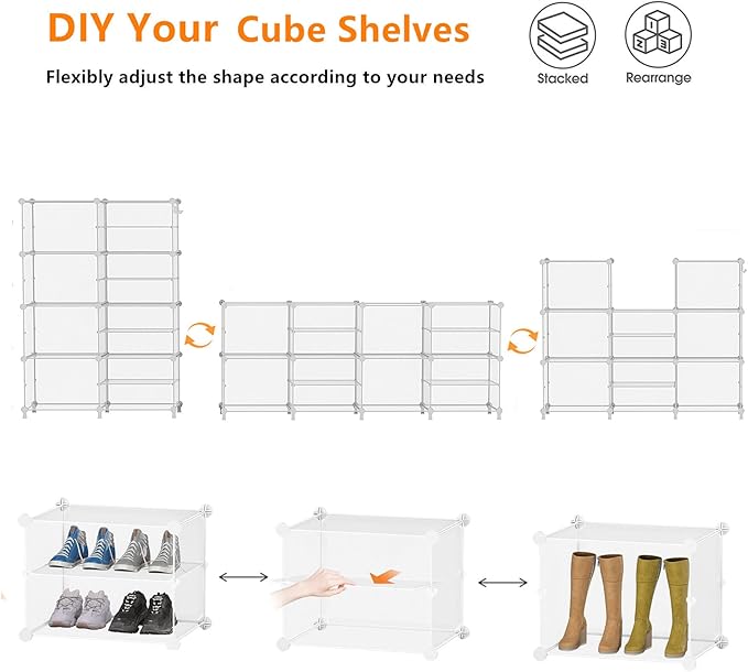 AWTATOS Closet Organizer 8 Cube Storage Shelves Clothes Organizers Closet Storage Stackable Cubby Shelving for Closet Bedroom Living Room Office, Transparent Twill