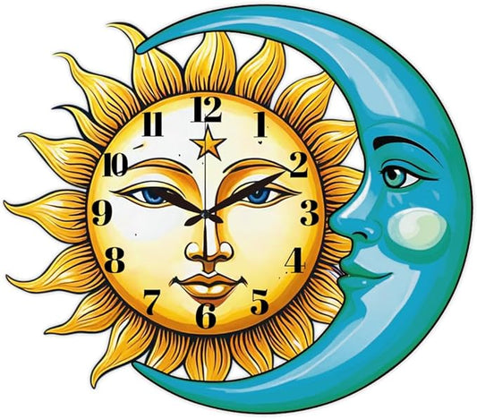 CHGCRAFT Sun and Moon Pattern Wall Clock 14.9 Inch Star Wood Grain Non-Ticking Irregular Shape Clocks Wall Hanging Clock Battery Operated for Bedroom Living Room Kitchen Office