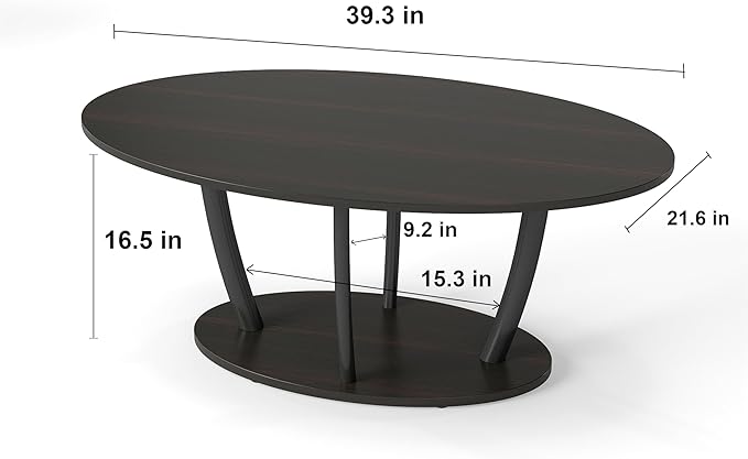 Manora Rustic Small Oval Coffee Table for Living Room, Narrow Wood Center Table with Shelf, Retro Style Coffee Table with Curved Metal Legs, Stable and Easy Assembly, Black Brown