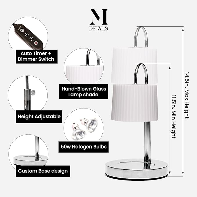 Dimmable Glass Candle Warmer Lamp with Timer - Adjustable Height Candle Lamp Warmer with Timer (8H/4H/2H) - Wax Melter - Ideal Gift, fits Various Size Scented Candles - 02 Bulb - (Silver Chrome)