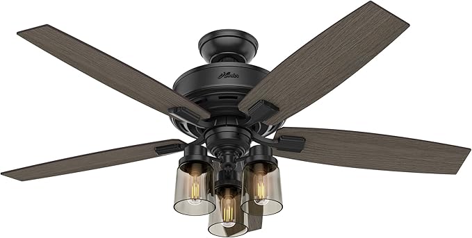 Hunter 52 inch Indoor Ceiling Fan with LED Lights and Remote Control - Black Ceiling Fan, Standard Mount, 5 Blades, For Bedroom, Living Room, or Kitchen, Quiet - Bennett 54189, Matte Black