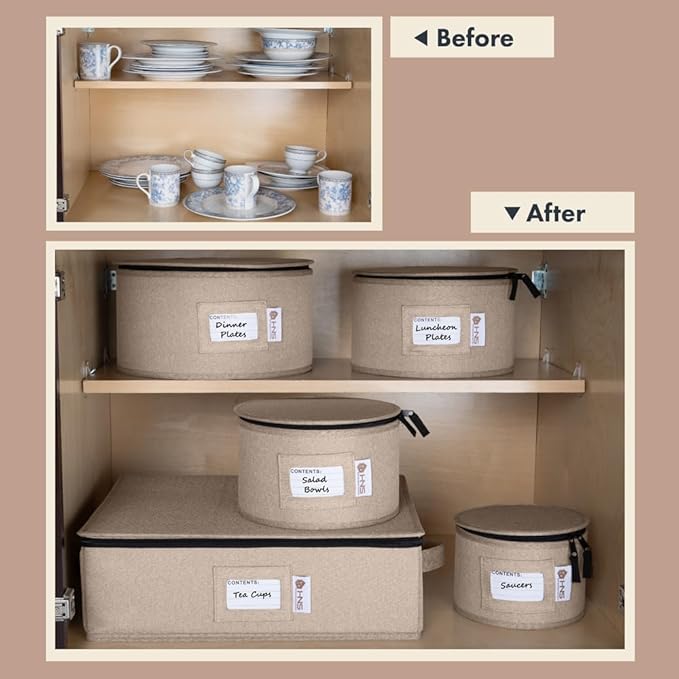 Hard Shell China Storage Containers 5-Piece Set Moving Boxes for Dinnerware, Glasses, Plates, Mugs and Saucers Sturdy Dish Organizer with Dividers for Seasonal Storage - Service for 12 - Brown