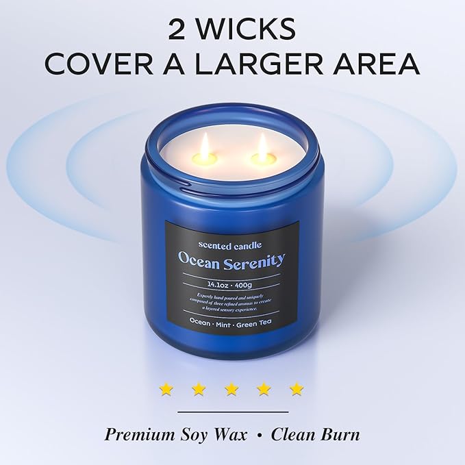 Scented Candles, 14.1 oz Scented Candles for Home, 2 Wicks Blended Scents Aromatherapy Candles for Women and Men, Birthday Gifts for Women (Ocean+Mint+Green Tea)