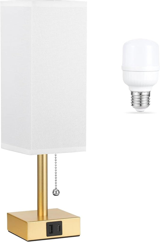 aooshine White Small Table Lamp for Bedroom - 3 Color Temperature 3000K 5000K 4000K Bedside Lamp, Pull Chain Control, USB A and C Ports, Pure Gold Color Base, Bulb Included