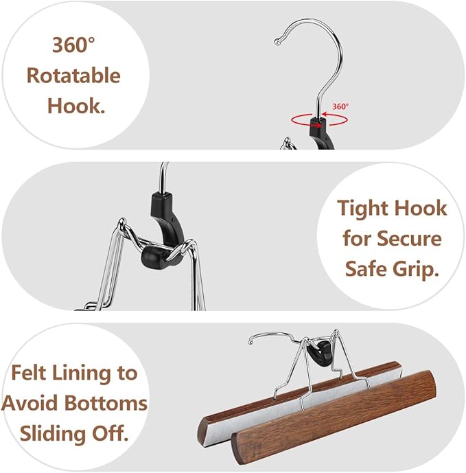 AMKUFO 20 Pack Wooden Pants Hangers with Clips Non Slip Skirt Hangers Trouser Clamp Hanger Solid Wood Hanger with 360° Swivel Hook Walnut