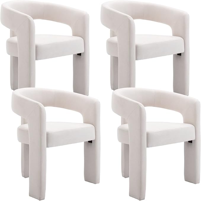 Set of 4 Modern Linen Fabric Upholstered Dining Chairs with Open-Back, Cute Barrel Side Chairs Kitchen Armchair Accent Chairs for Dining Room Bedroom, Ivory