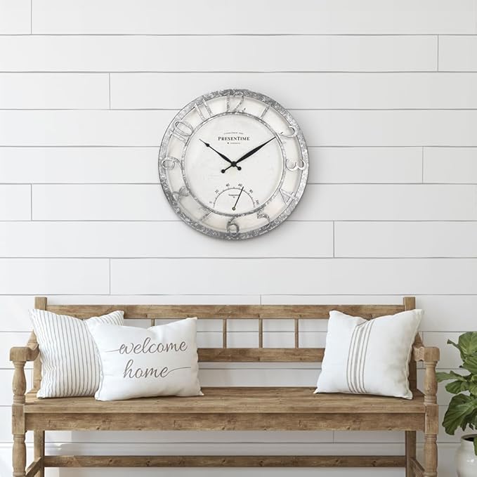 Presentime & Co 13" Farmhouse Outdoor Wall Clock w/Outdoor Thermometer, Farmhouse Style, Raised 3D Arabic Numerals, Faux Galvanized Finish (Wall Clock for Patio, Cottage, Poolside, Garden Spaces)