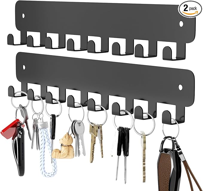 pickpiff Key Holder Wall Mount, Adhesive Key Rack with 8 Hooks Hanger for Car Key Ring, Metal Key Chain Organizer, Black 2 Pack