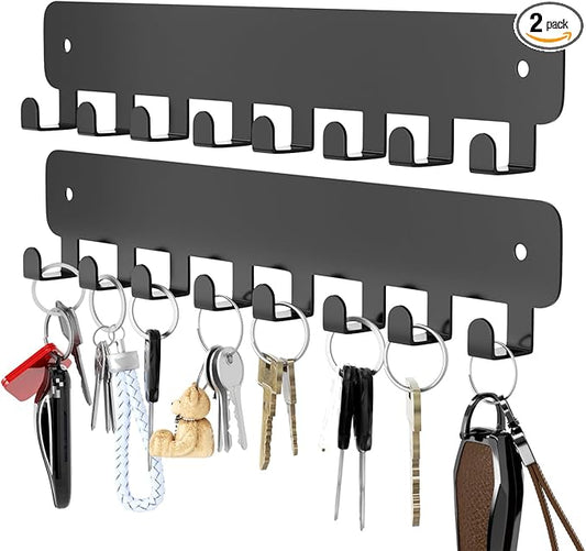 pickpiff Key Holder Wall Mount, Adhesive Key Rack with 8 Hooks Hanger for Car Key Ring, Metal Key Chain Organizer, Black 2 Pack