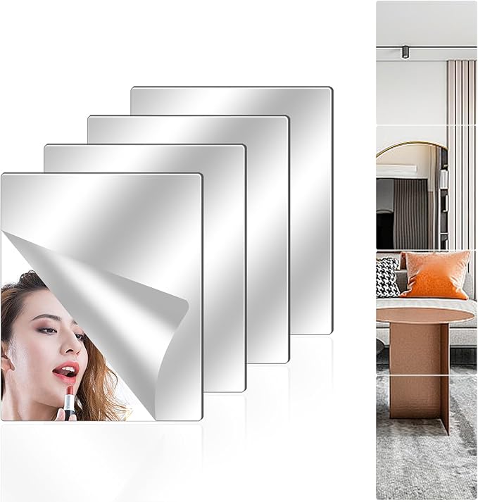 4 Pack Wall Mirror Full Length, 12 x 16 Inch Unbreakable Acrylic Mirror Tiles, Shatterproof Flexible Plastic Mirror Sheets for Bedroom Home Gym Door (4P 12"x16")