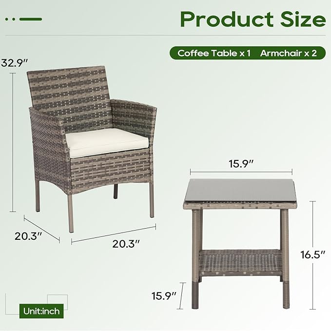 FDW | 3-Piece Patio Furniture Set | Gray & Khaki | Outdoor Wicker Furniture with Coffee Table | Modern Rattan Chairs Conversation Set | Outdoor Seating | Weather-Resistant | for Porch, Garden, Lawn