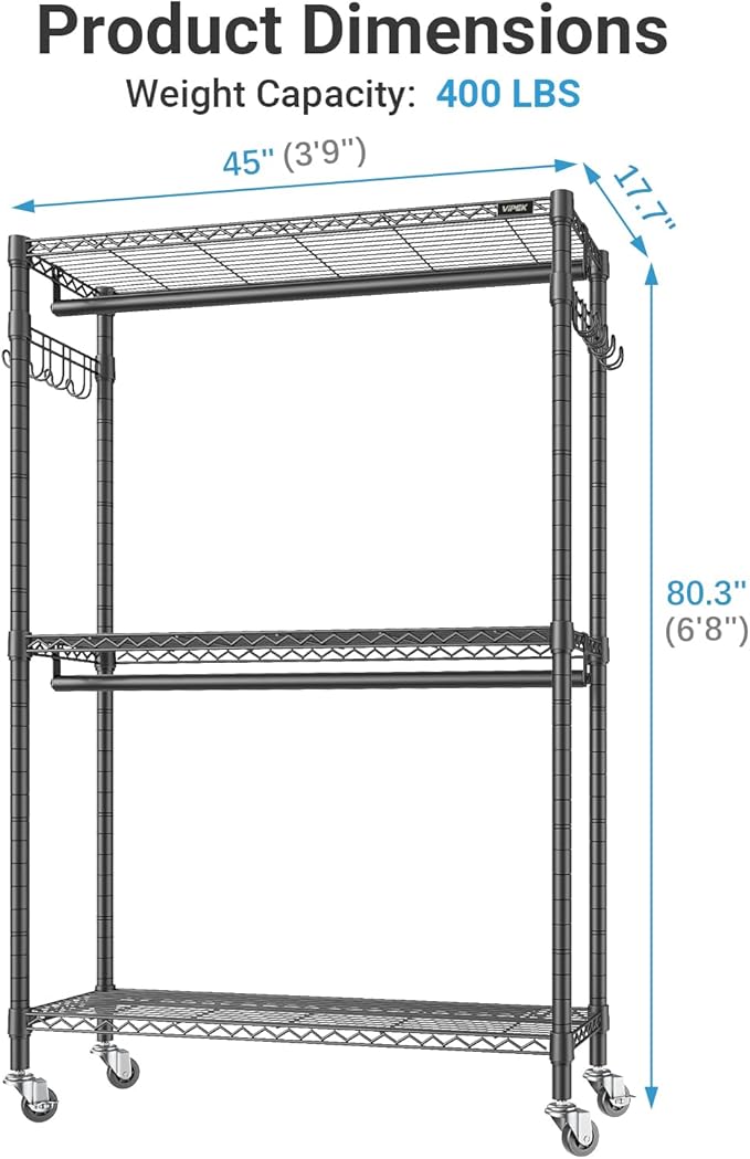 VIPEK R2 Plus Heavy Duty Rolling Garment Rack 3 Tiers Adjustable Wire Shelving Clothes Rack with Double Rods and Side Hooks, Freestanding Wardrobe Storage Rack Metal Clothing Rack, Black