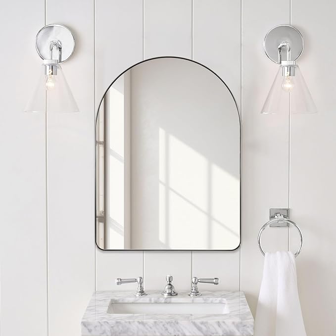 ANDY STAR 30 x 40 Inch Arched Mirror, Brushed Nickle Bathroom Mirror in Stainless Steel Metal Frame, Arch Top Rounded Corner 1 Inch Deep Set Design Wall Mount Hangs Vertical