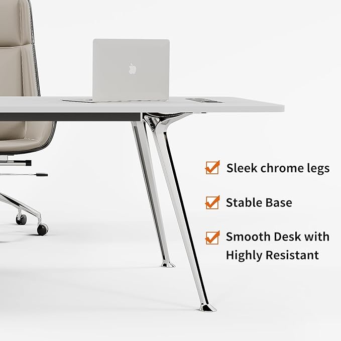 Writing Computer Desk, 60-Inch Large Executive Desk Office Workstation with Chrome-Plated Legs and Built-in Power Outlet, Writing Table Business Furniture, Modern Minimalist Style for Home Office