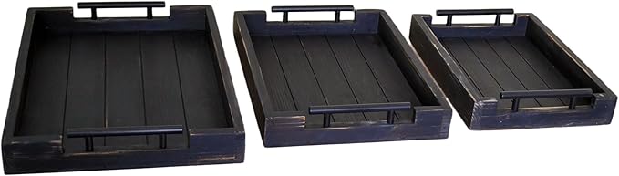 Coffee Table Tray Decorative Nested Vintage Wood Serving Tray Set for Eating, Breakfast, Party, Kitchen, Ottoman,Tea Coffee Table Large Ottoman Trays (Rustic Black, 3Pc)