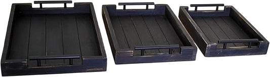 Coffee Table Tray Decorative Nested Vintage Wood Serving Tray Set for Eating, Breakfast, Party, Kitchen, Ottoman,Tea Coffee Table Large Ottoman Trays (Rustic Black, 3Pc)