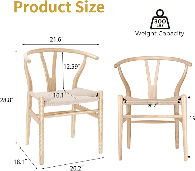 Wishbone Chair Natural Solid Wood Dining Chair/Hans Wegner Y Chair Rattan and Wood Accent Armrest Chairs Set of 2 (Ash Wood + Natural)