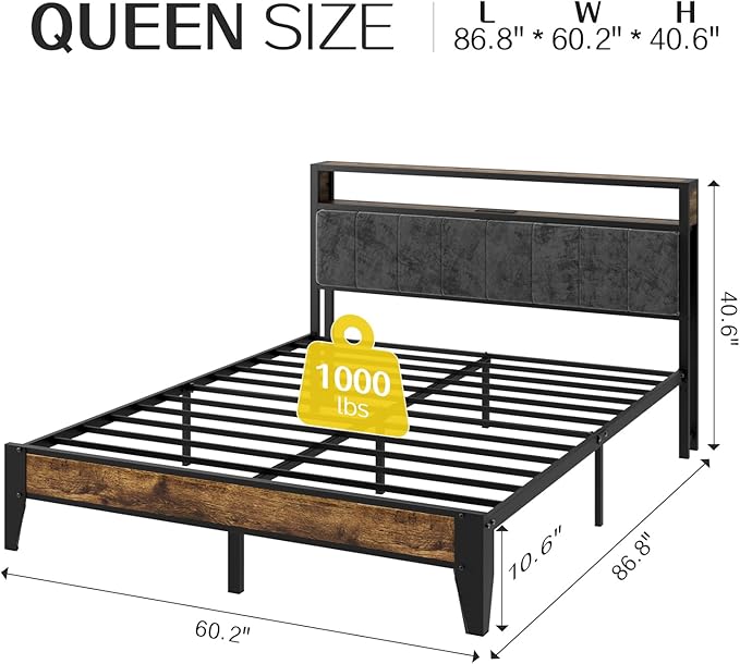 OLEVS Queen Bed Frame Metal Platform Bed Queen Size with 2-Tier Storage & LED Light Headboard, Charging Station Type C, No Box Spring Needed