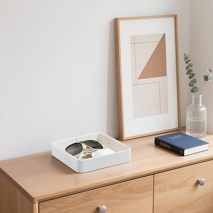 Small Valet Tray, 8"x8" Nightstand Organizer for Women Men| PU Leather Desk Organizer Trinket Dish| Decorative Vanity Tray Catch All Key Bowl for Dresser Bedside Coffee Table Entryway (Cream)