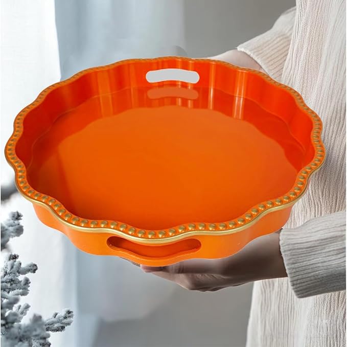Orange Decorative Tray for Coffee Table, Wavy Scallop Beaded Plastic Serving Tray forKitchen Counter, Ottoman, Living Room, (13")