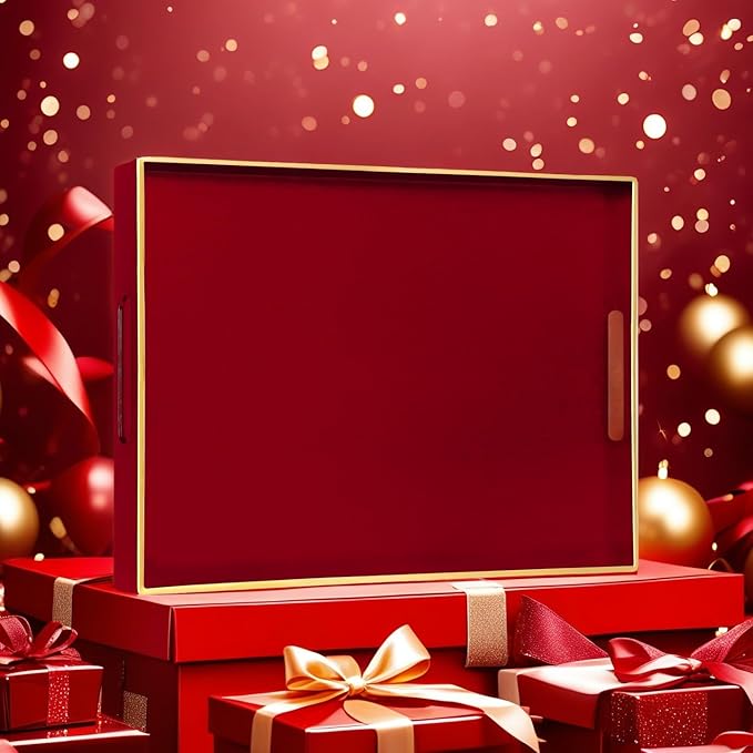 Large Red Rectangular Decorative Tray – Plastic Serving Tray with Handles for Coffee Table, Ottoman, Living Room, 15.7” x 11.8” x 1.6