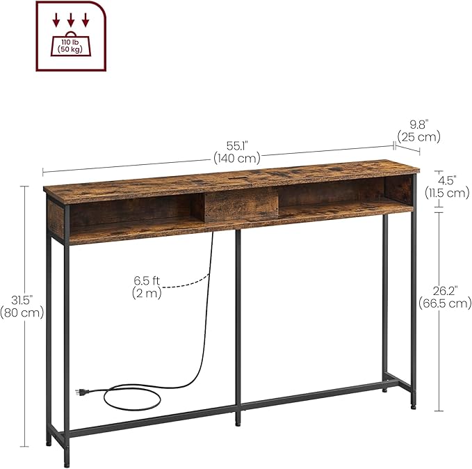VASAGLE 55.1-Inch Console Table with Outlet and Shelves, Sofa Table with Charging Station, Behind Couch Table Skinny, Entryway Table for Hallway, Living Room, Rustic Brown and Ink Black ULNT120K01