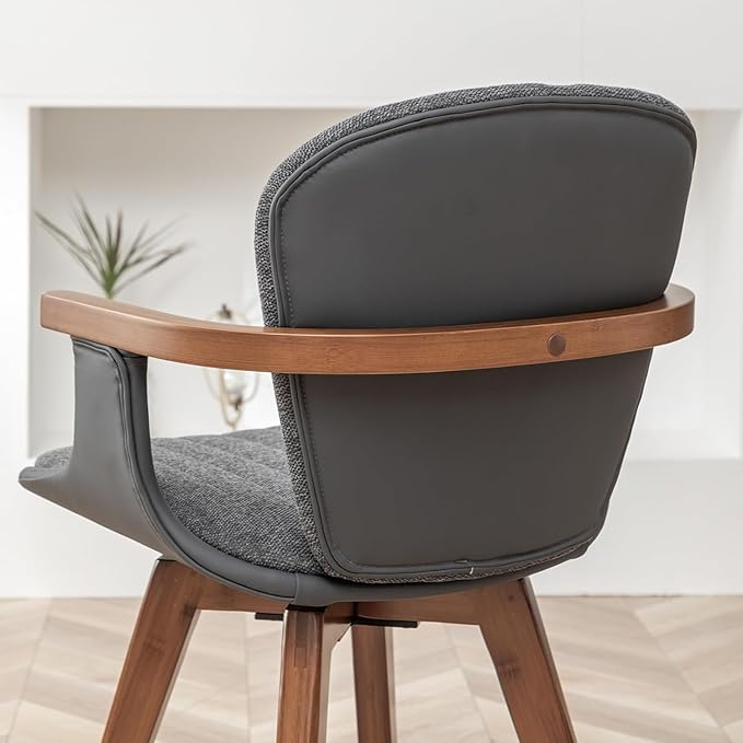 LUNLING Swivel Dining Chairs Set of 2, Mid Century Modern Gray Fabric+Faux Leather Kitchen Chairs with Arms,Bamboo Legs Side Chairs No Wheels,Accent Chair for Dining Rooms and Offices(Gray Fabric)