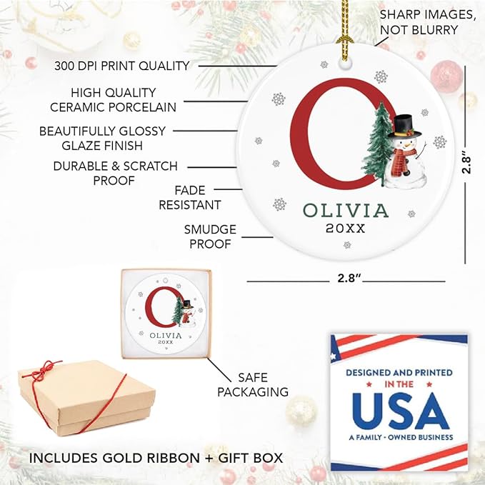 Andaz Press Personalized Christmas Ornaments, Custom Name, Initial O Monogram Snowman 2.8" Ceramic Porcelain 2025 Christmas Ornament Keepsake for Kids, Boys, Girls, 1-Pack Initial Ornaments