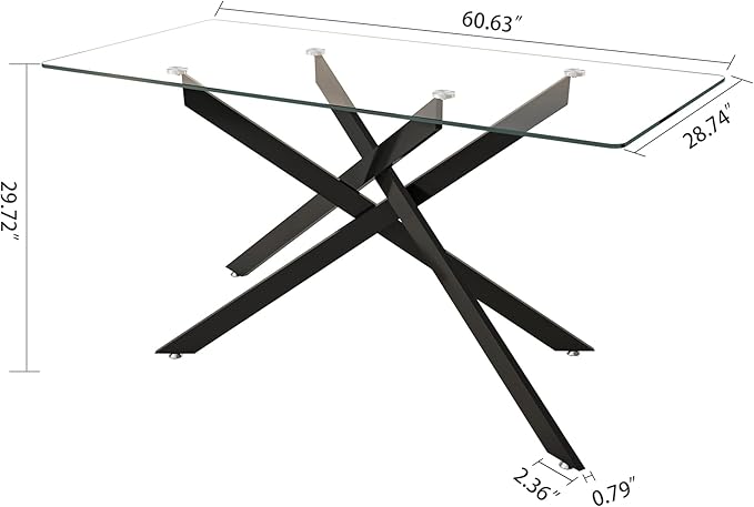 60" Glass Dining Table Modern Kitchen Table for 4-6 People, Contemporary Rectangular Dining Room Dinner Tables with Clear Glass Top & Black Metal X Legs for Kitchen Apartment