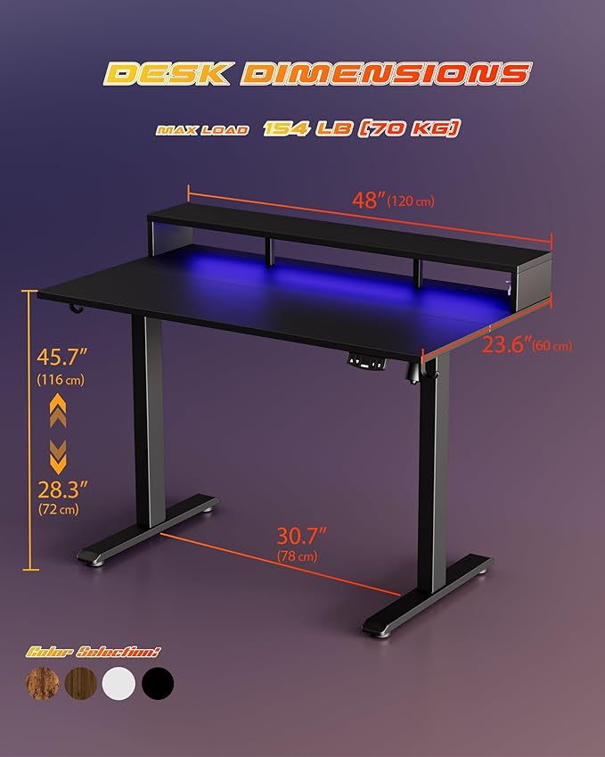 Electric Height Adjustable Standing Desk with Power Outlet and LED Light Strip, Sit to Stand, Ergonomic 48x24" Rising Desk with Memory Presets, Home Office Workstation, Computer Gaming Table, Black