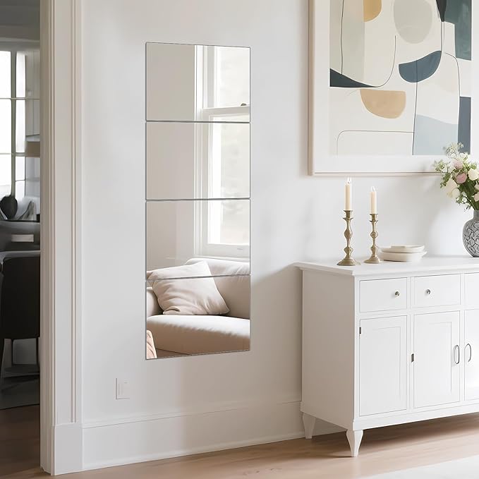 Ruomeng Full Length Wall Mirror Tiles - 12" x 16" x 4Pcs Frameless Full Body Mirror Tiles Wall Mounted Mirror for Home Gym Vanity Bedroom, Living Room