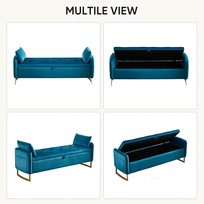 65" Storage Ottoman Bench, End of Bed Storage Bench King Size with Tufted Button Upholstered and Gold Legs, Bedroom Benches with Armrests for Living Room Window, Vintage Green