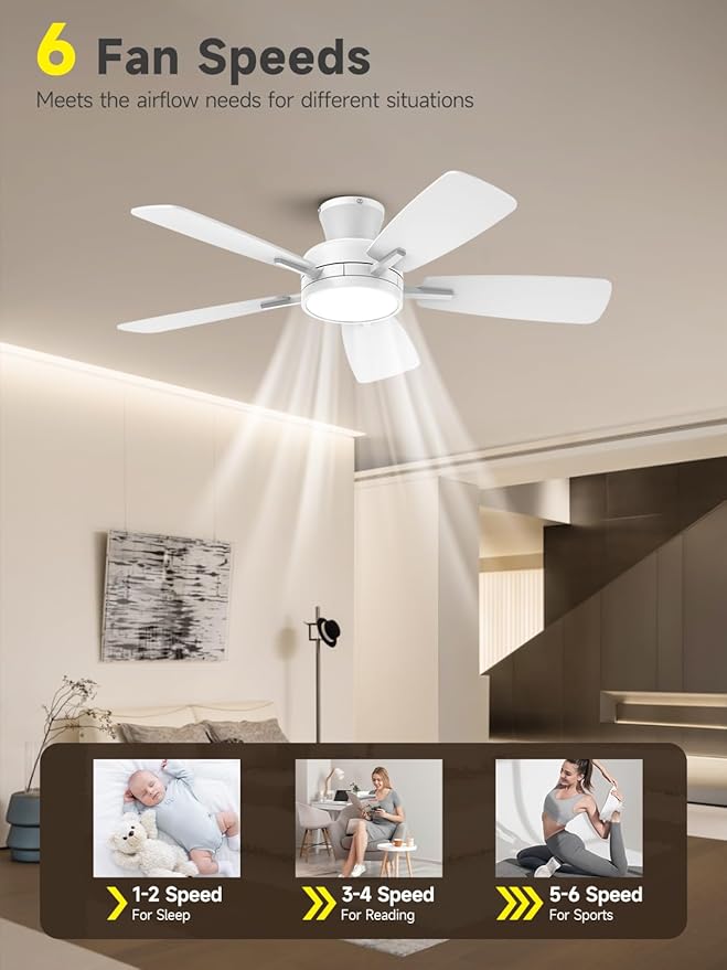 TALOYA Ceiling Fans with Lights and Remote, 46 Inch Low Profile Ceiling Fan with Light, Flush Mount, Reversible, 3CCT, Dimmable White Modern Ceiling Fan for Bedroom, Living Room, Outdoor Patio