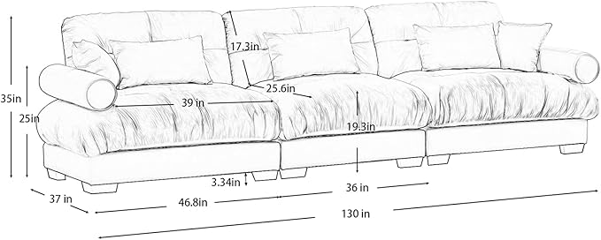 130" Grey Modular Sectional Sofa, 3 Seater Large Sectional Couches for Living Room, Velvet Fabric Oversized Fluffy Cloud Couch with Ottoman, Deep Seat Home Sofas Set, Sofá Moderno