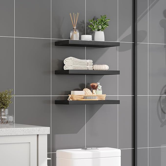 Floating Shelves for Wall, 1.5" Thick Wall Shelf Set of 3 with Invisible Brackets, 15.7L x 7.9W Hanging Book Shelves Farmhouse Home Decor for Bathroom, Living Room, Bedroom, Black 4301BJP3BK