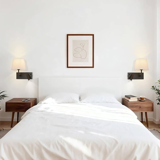 XiNBEi Lighting Hardwired Wall Sconce with LED Reading Lamp, Bedroom Wall Lamp with USB Port & Switch Rotatable Wall Light with Linen Fabric Shade for Bedside Living Room, Dark Bronze XB-W462-LED-DB