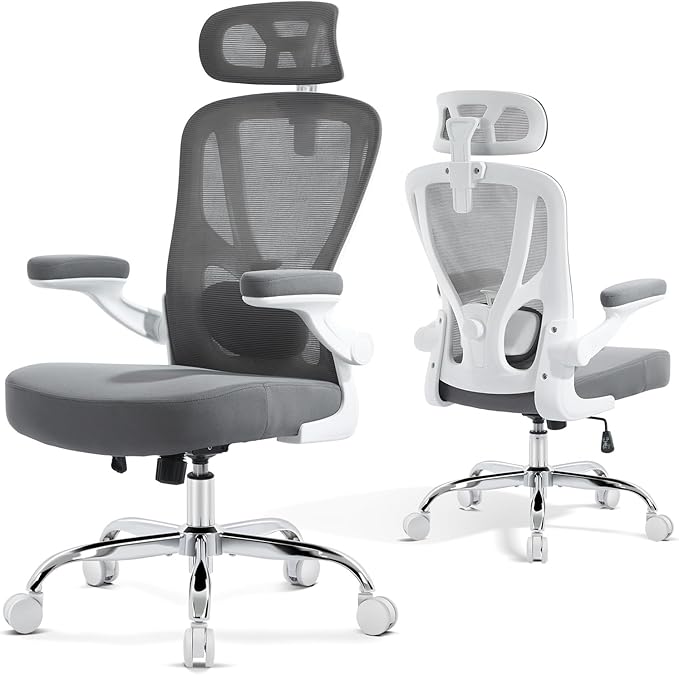 Office Chair Ergonomic Office Chair with Lumbar Support, Head Support, Rocking Function, FILP-up Armrests, Mesh High Back Chair Home Office Desk Chair, Suitable for Home, Office, Grey