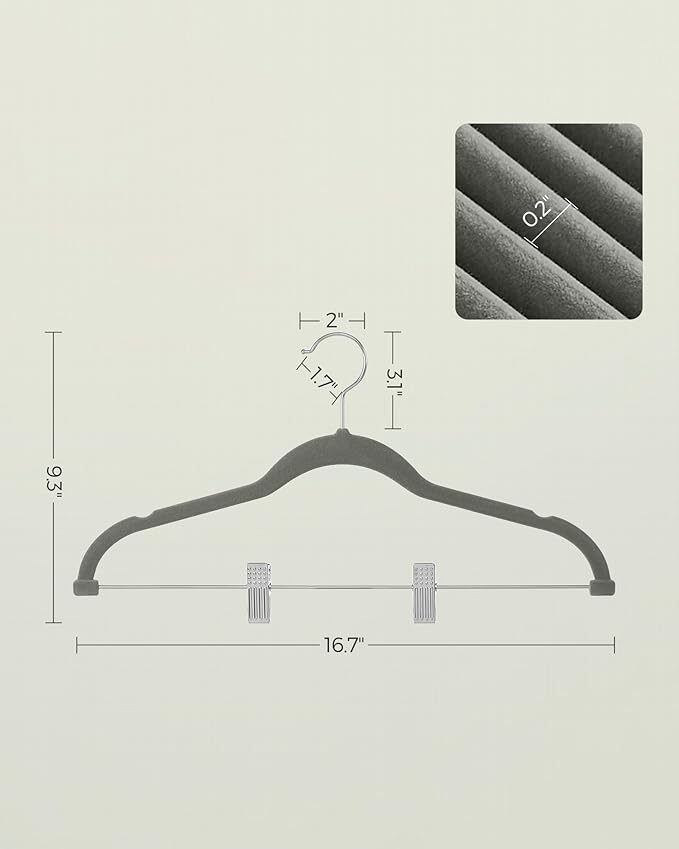 SONGMICS 30 Pack Pants Hangers, 16.7 Inches Long Velvet Trousers Hangers with Adjustable Clips, Heavy-Duty, Non-Slip, Space-Saving for Pants, Skirts, Coats, Dresses, Tank Tops, Gray UCRF12V30