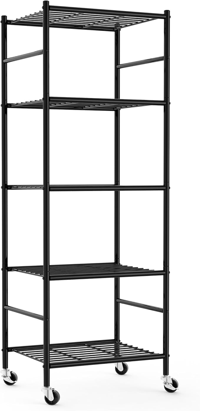 Storage Shelves Organizer - 5 Tier Metal Shelf Organizer with Metal Wheels and Adjustable Leveling Feet, Heavy Duty Garage Shelving for Kitchen, Pantry and Closet, 18.1"x12.6"x58.7", Black