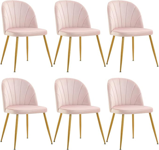 Velvet Dining Chairs Set of 6, Upholstered Mid Century Modern Dining Chairs, Armless Accent Chair with Metal Gold Legs for Living Room, Kitchen, Dining Room, Pink