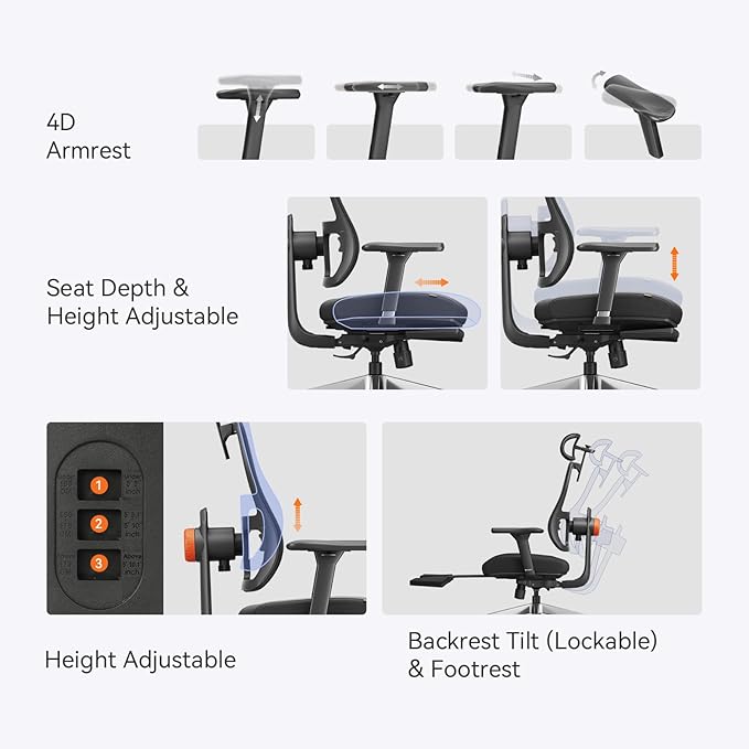 Newtral Ergonomic Office Chair, High Back Desk Chair with Footrest, Auto-Following Lumbar Support & Headrest, 4D Armrest, Adjustable Seat Depth and Height
